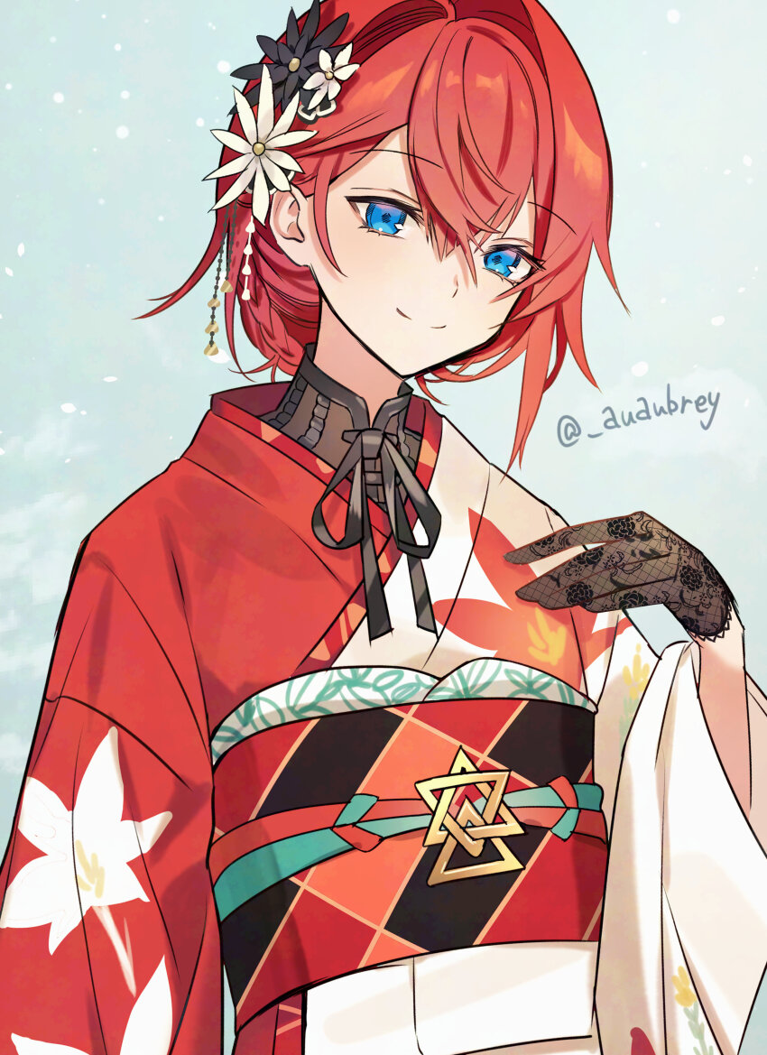 1girl absurdres ange_katrina ange_katrina_(new_year) artist_name aubrey_(kyarairo) black_flower blue_eyes braid closed_mouth double-parted_bangs floral_print floral_print_kimono flower furisode gloves hair_between_eyes hair_flower hair_intakes hair_ornament head_tilt highres japanese_clothes kimono lace lace_gloves looking_at_viewer nijisanji obi obiage obijime official_alternate_costume print_kimono red_hair red_kimono sash short_hair solo string_tie two-tone_kimono virtual_youtuber white_flower white_kimono wide_sleeves