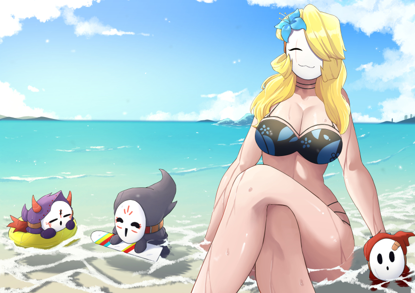 1girl 2022 3boys :3 :o absurdres arm_support bare_shoulders beach bikini blonde_hair blue_sky borrowed_character breasts choker cleavage closed_eyes commentary commission crossed_legs day english_commentary feet_out_of_frame hair_over_one_eye highres hood hood_up hoodie horizon inflatable_toy large_breasts locket_white_(bakalorin) mario_(series) multi-strapped_bikini_bottom multiple_boys nintendo original outdoors partially_submerged shadow shiryuu_akira shore shy_gal shy_guy sitting size_difference sky super_mario_bros._2 swept_bangs swimsuit white_mask yellow_choker