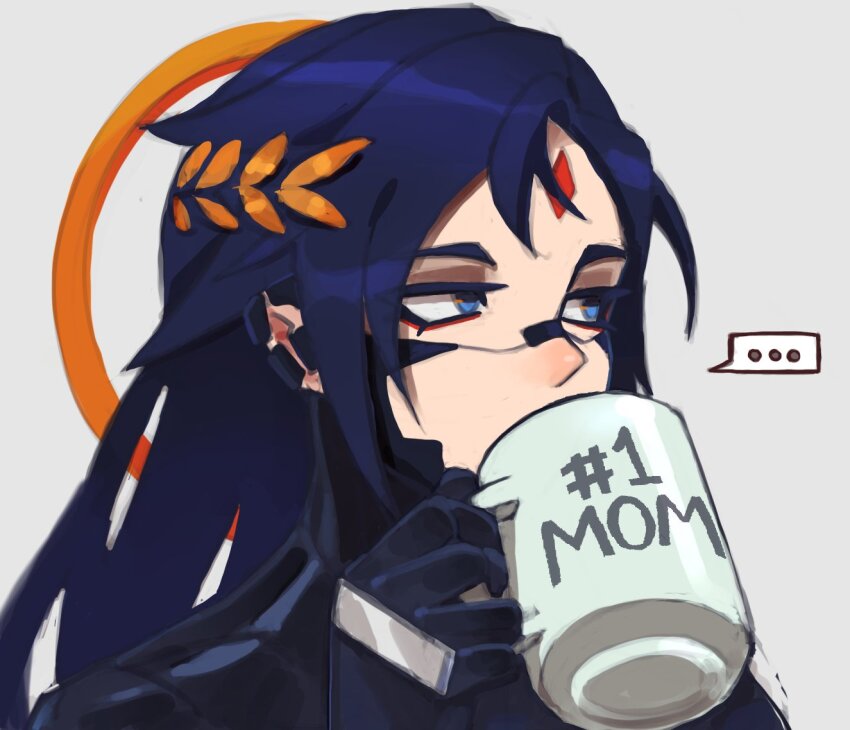 ... 1girl android black_hair blue_eyes cup decayedparasite drink english_text facial_mark falke_(signalis) grey_background halo laurel_crown mug signalis simple_background solo speech_bubble
