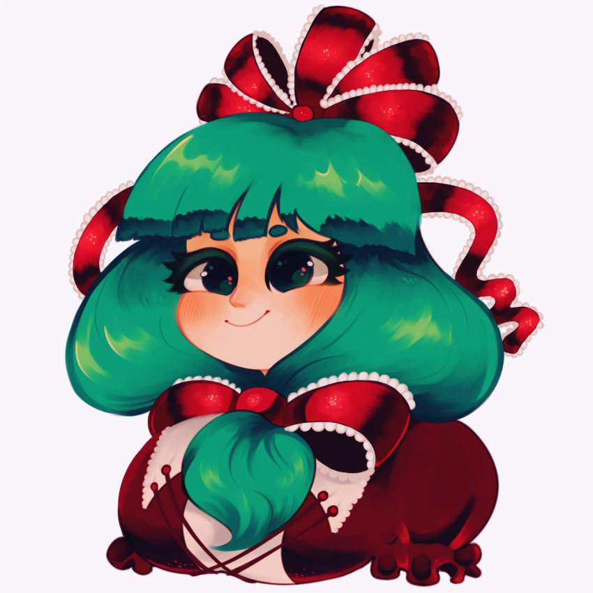 1girl blush clem_(calmeremerald) closed_mouth cropped_torso frilled_sleeves frills front_ponytail green_eyes green_hair hair_ribbon happy highres kagiyama_hina long_hair looking_at_viewer puffy_short_sleeves puffy_sleeves ribbon short_sleeves simple_background smile solo touhou white_background