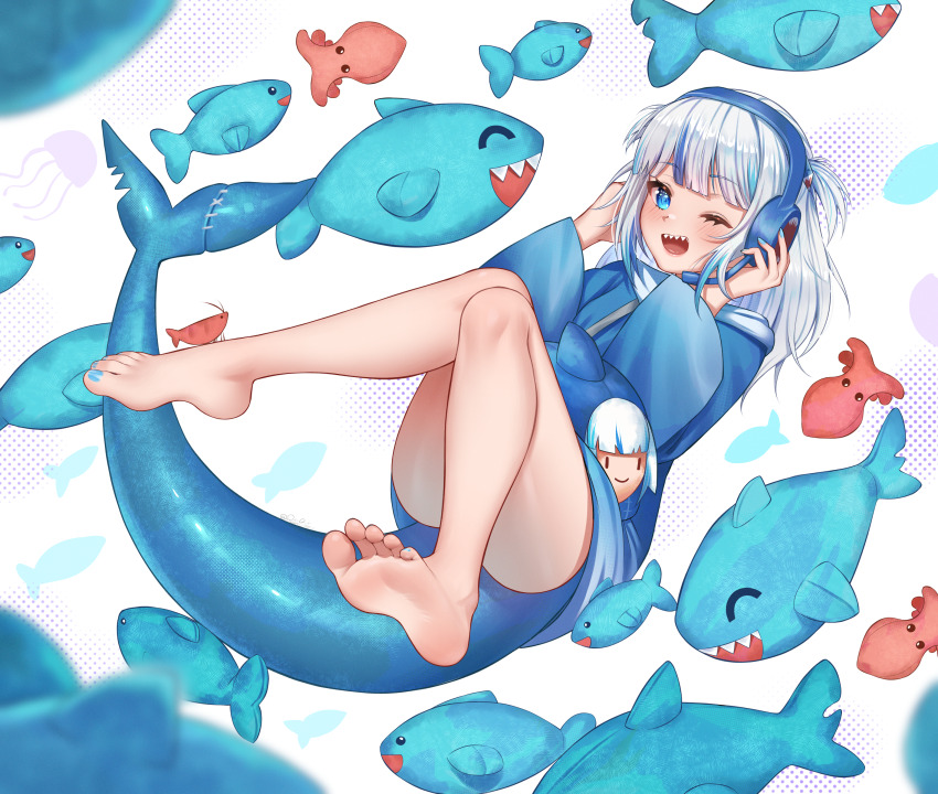 1girl absurdres bare_legs barefoot blue_eyes blue_hair blue_hoodie blue_nails blue_tail blunt_bangs character_doll convenient_leg feet fins fish fish_tail full_body gawr_gura gawr_gura_(1st_costume) grey_hair hands_up headphones highres hololive hololive_english hood hood_down hoodie jellyfish knees_together_feet_apart legs looking_at_viewer multicolored_hair nail_polish one_eye_closed open_mouth pietrosatou shark shark_tail smile soles solo streaked_hair tail thighs toenail_polish toenails toes two_side_up underwater virtual_youtuber wide_sleeves