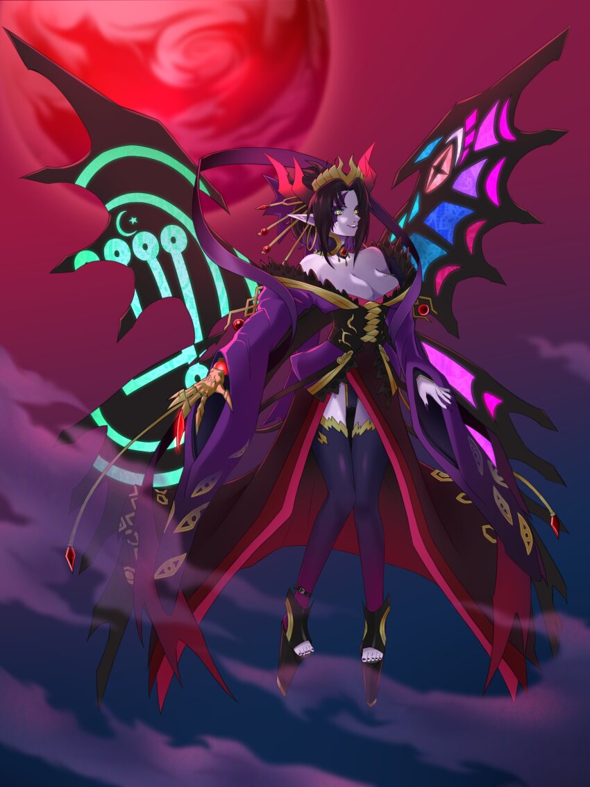 absurdres breasts demon demon_girl digimon digimon_(creature) fallen_angel full_moon highres lilithmon lilithmon_x-antibody lipstick makeup mark_of_evil moon nail_polish night red_moon wings