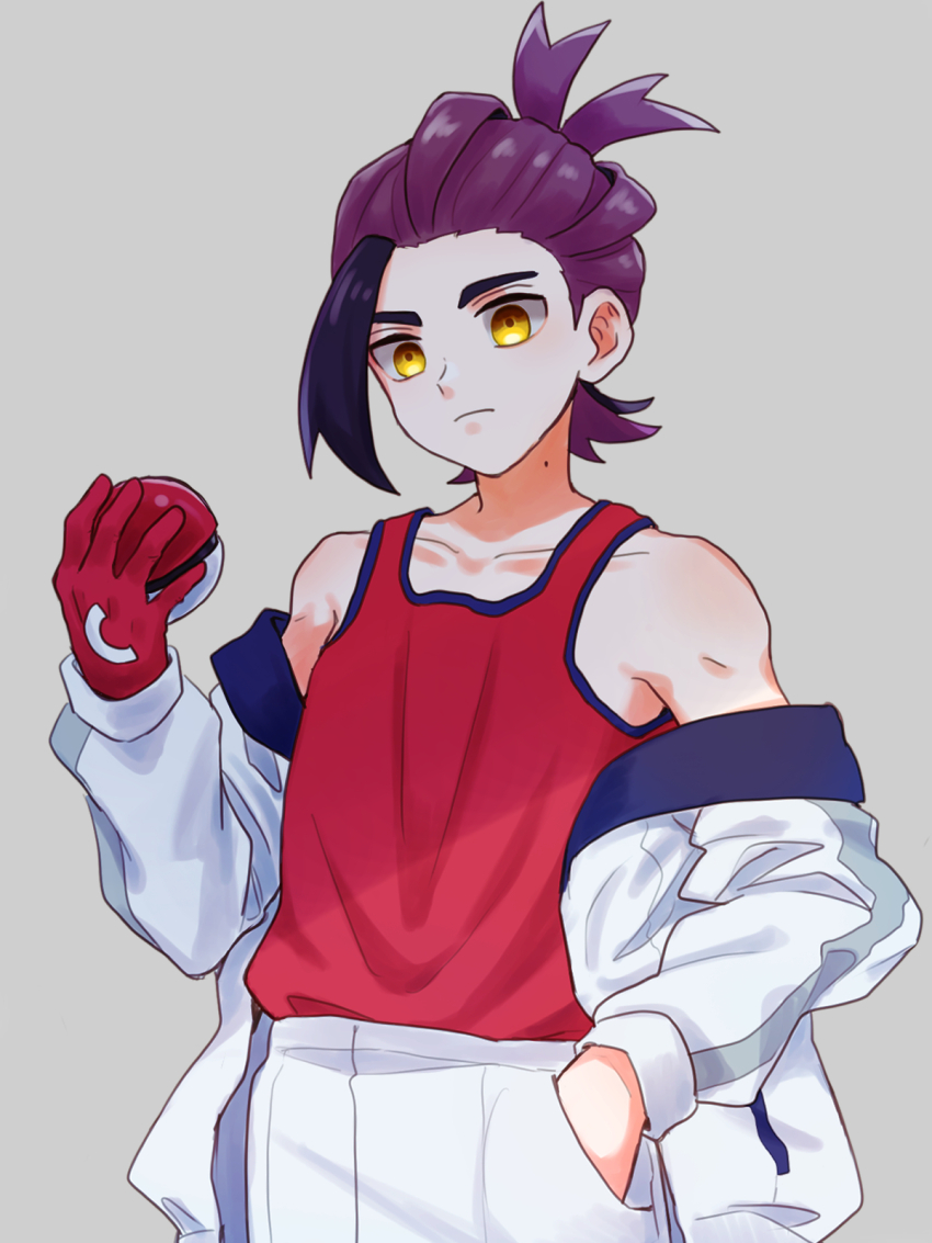 1boy black_hair collarbone colored_inner_hair commentary_request cowboy_shot gloves hair_tie hair_tied hair_tied_up highres holding holding_poke_ball jacket kieran_(pokemon) looking_at_viewer loose_hair_strand male_focus mochi_(mocchi_p_2m) mole mole_on_neck multicolored_hair multiple_boys nintendo off-shoulder_jacket off_shoulder one_glove poke_ball pokemon pokemon_sv purple_hair red_gloves red_tank_top shirt short_hair shorts single_glove tank_top two-tone_hair upper_body white_background white_jacket white_shorts yellow_eyes