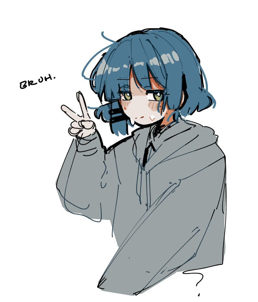 1girl blue_hair bocchi_the_rock! grey_sweater hair_ornament hairclip highres long_sleeves machuuu68 medium_hair mole mole_under_eye sweat sweatdrop sweater v yamada_ryo yellow_eyes