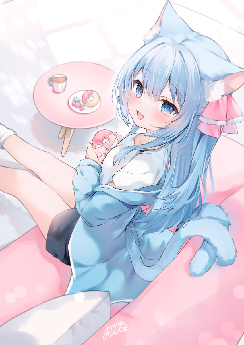 1girl :d absurdres animal_ear_fluff animal_ears black_shorts blue_eyes blue_hair blue_jacket blush cat_ears cat_girl cat_tail commentary_request commission couch donut fang feet_out_of_frame food hair_ribbon highres holding holding_food jacket long_hair long_sleeves looking_at_viewer looking_to_the_side multiple_tails off_shoulder on_couch open_clothes open_jacket open_mouth original pillow pink_ribbon plate puffy_long_sleeves puffy_sleeves ribbon rucaco shirt short_sleeves shorts skeb_commission sleeves_past_wrists smile socks solo table tail two_tails very_long_hair white_shirt white_socks