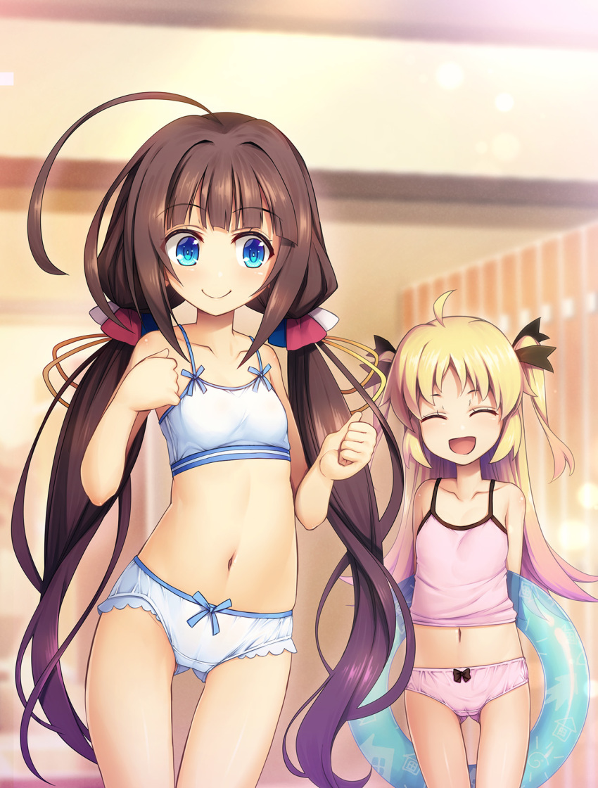 2girls :d ^_^ ahoge bare_shoulders black_ribbon blonde_hair blue_eyes blurry blurry_background bow bow_panties bra breasts cameltoe charlotte_izoard chima_q closed_eyes collarbone commentary_request crotch_seam gluteal_fold highres hinatsuru_ai indoors innertube long_hair low_twintails multiple_girls navel open_mouth panties pink_panties ribbon ryuuou_no_oshigoto! shirt small_breasts smile swim_ring thigh_gap twintails two_side_up underwear underwear_only very_long_hair white_bra white_panties white_shirt
