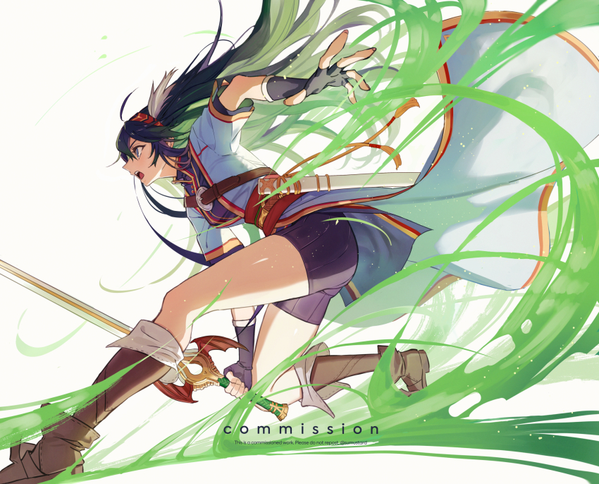 1girl ass black_shirt black_shorts blue_dress blue_hair boots breasts brown_boots china_dress chinese_clothes commission cosplay dress dynamic_pose fighting_stance fingerless_gloves fire_emblem fire_emblem:_the_blazing_blade fire_emblem_awakening gloves highres holding holding_sword holding_weapon lucina_(fire_emblem) lyn_(fire_emblem) lyn_(fire_emblem)_(cosplay) medium_breasts nintendo open_mouth shirt short_sleeves shorts shorts_under_dress sumustard sword weapon
