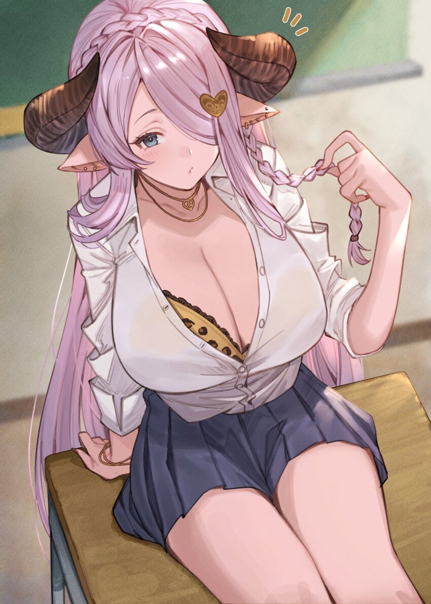 1girl animal_print ayacho black_skirt blue_eyes blush bra bracelet braid breasts chalkboard classroom cleavage closed_eues desk draph ear_piercing granblue_fantasy hair_ornament hair_over_one_eye heart heart_hair_ornament highres horns huge_breasts indoors jewelry leopard_print long_hair looking_at_viewer narmaya_(granblue_fantasy) necklace partially_unbuttoned piercing pink_hair pleated_skirt pointy_ears shirt sitting skirt sleeves_rolled_up solo underwear white_shirt