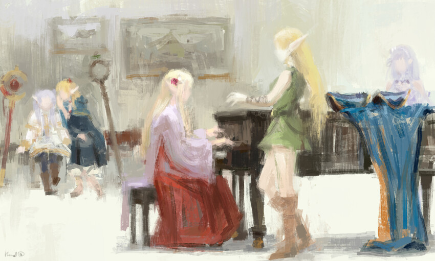 5girls absurdres ambrosia_(dungeon_meshi) blonde_hair boots brown_boots cape commentary crossover deedlit dress dungeon_meshi edomae_elf eldali_ilma_fanomenel elf elvafirst emilia_(re:zero) english_commentary faceless faceless_female frieren green_dress grey_hair hakama highres instrument japanese_clothes knee_boots long_hair marcille_donato multiple_crossover multiple_girls music painting_(object) piano playing_instrument pointy_ears re:zero_kara_hajimeru_isekai_seikatsu record_of_lodoss_war red_hakama short_dress signature sitting sousou_no_frieren trait_connection unworn_cape whispering