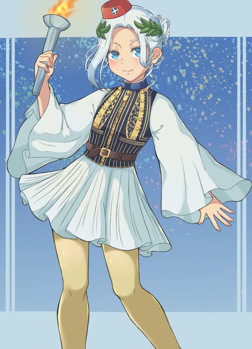 1girl asymmetrical_bangs belt blue_eyes breasts cross dress greece greece_(kuroussa) greek_cross half_updo hat highres holding holding_torch kuroussa laurel_crown looking_at_viewer original personification red_hat small_breasts solo torch traditional_greek_clothes white_hair