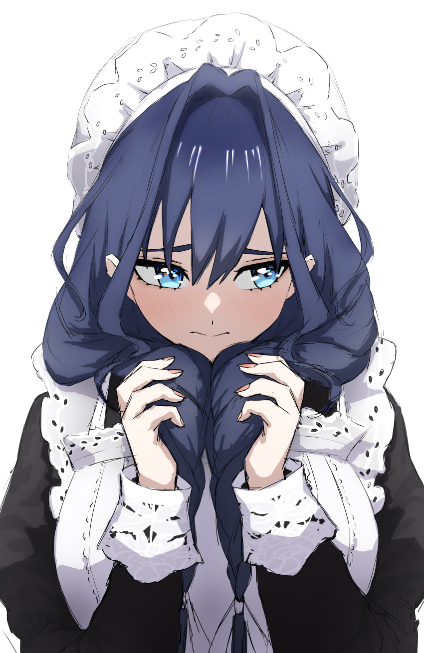 1girl absurdres apron blue_eyes blue_hair braid breasts closed_mouth commentary daydarion english_commentary fanged_bangs hair_intakes hat highres hololive hololive_english long_hair long_sleeves low_twin_braids maid maid_apron mob_cap official_alternate_costume official_alternate_hairstyle ouro_kronii ouro_kronii_(maid) shy simple_background solo twin_braids upper_body victorian_maid virtual_youtuber white_apron white_background