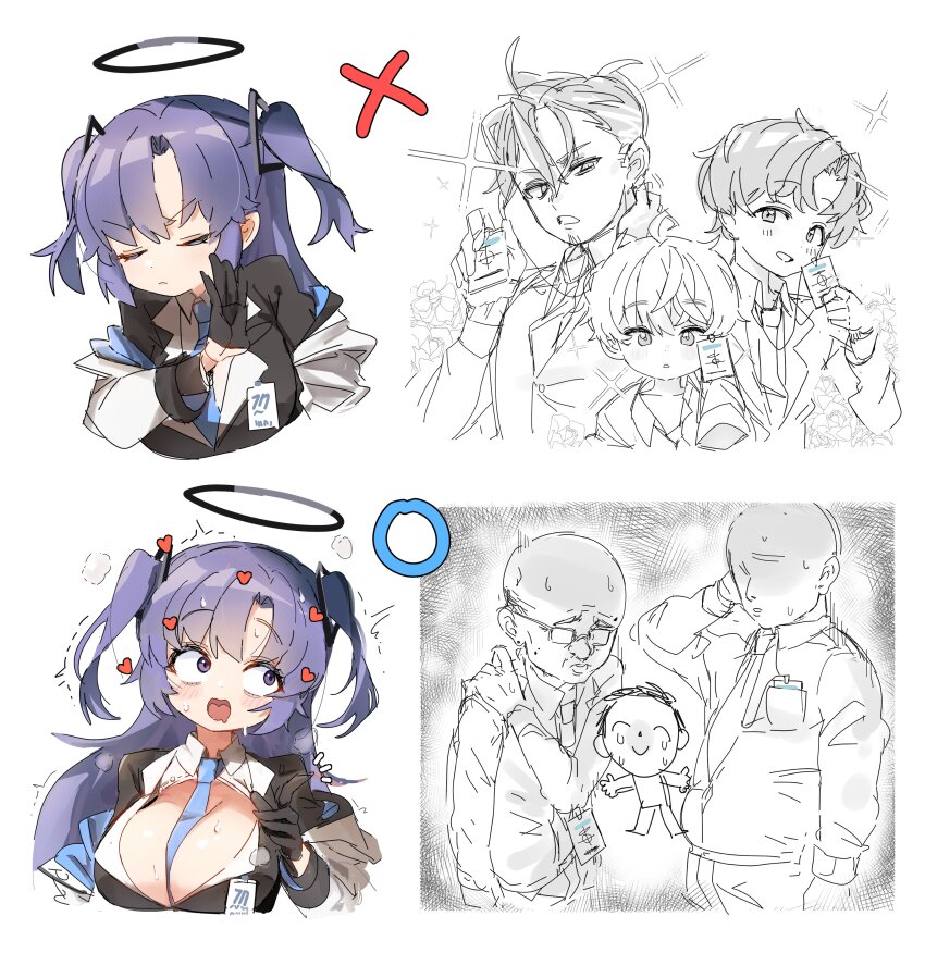 1girl 4koma 6+boys absurdres aroused bald between_breasts bishie_sparkle bishounen black_halo blue_archive blue_archive_the_animation blue_necktie blush breasts child cleavage closed_eyes closed_mouth comic doodle_sensei_(blue_archive) drakeposting_(meme) eunsa fat fat_man frown hair_ornament halo heart highres id_card jacket jacket_partially_removed lanyard long_hair mechanical_halo medium_breasts meme multiple_boys multiple_views necktie necktie_between_breasts no_(gesture) open_mouth purple_eyes purple_hair rejection saliva sensei_(blue_archive) triangle_hair_ornament two-sided_fabric two-sided_jacket two_side_up yuuka_(blue_archive)