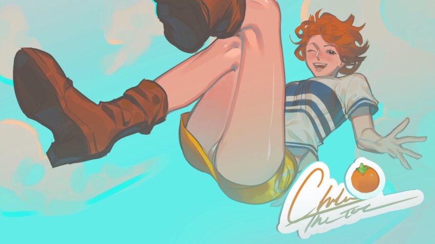 1girl asher_rudd bare_legs blue_sky blush boots brown_boots cloud cloudy_sky commentary english_commentary falling floating_hair food foot_out_of_frame fruit highres legs looking_at_viewer mandarin_orange miniskirt nami_(one_piece) nami_(one_piece)_(east_blue) one_eye_closed one_piece open_mouth orange_hair outdoors panties pantyshot shirt short_hair short_sleeves signature skirt sky smile solo striped_clothes striped_shirt thighs underwear white_panties white_shirt yellow_skirt