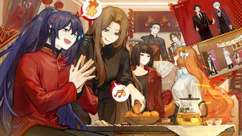 6+boys 6+girls :q angela_(project_moon) ayin_(project_moon) benjamin_(project_moon) black_hair black_shirt blue_eyes bob_cut bow bowl brown_hair carmen_(project_moon) chinese_new_year closed_mouth collared_shirt firecrackers food fruit gaiwan gregor_(project_moon) hair_bow highres hong_lu_(project_moon) ishmael_(project_moon) jacket lantern library_of_ruina limbus_company liu_association_south_uniform lobotomy_corporation long_hair lowell_(project_moon) mandarin_orange meursault_(project_moon) multiple_boys multiple_girls nishikujic paper_lantern parted_bangs project_moon red_jacket rodion_(project_moon) roland_(project_moon) ryoshu_(project_moon) shirt short_hair smile teapot tongue tongue_out very_long_hair white_bow white_shirt wooden_bowl xiao_(project_moon)