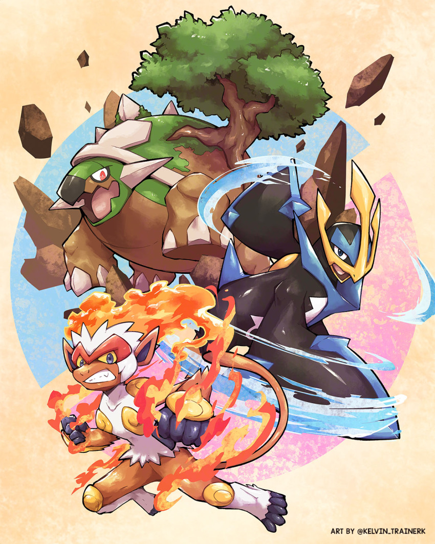 blue_eyes clenched_hands clenched_teeth colored_sclera commentary empoleon fire gen_4_pokemon highres infernape kelvin-trainerk nintendo open_mouth pink_eyes pokemon pokemon_(creature) rock teeth toes tongue torterra tree water yellow_sclera
