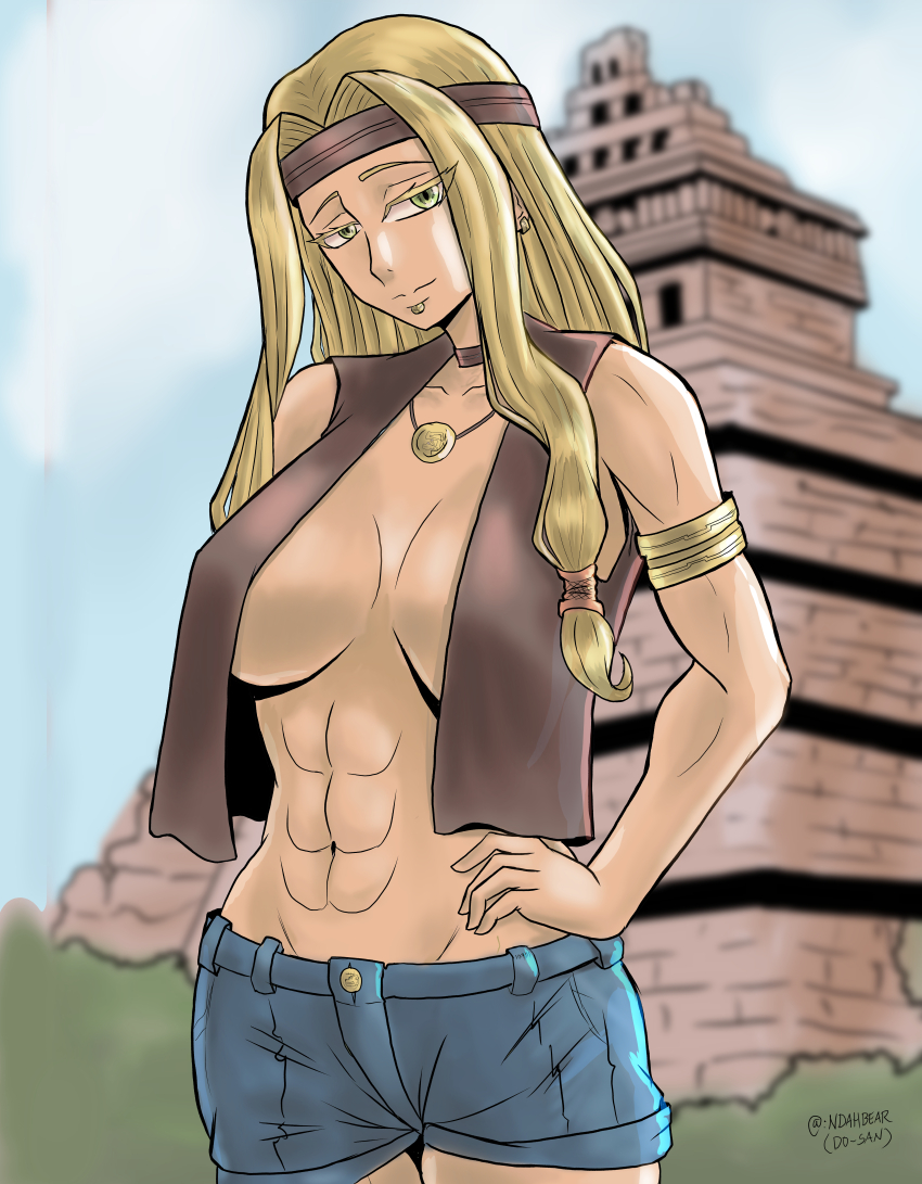 1girl abs absurdres architecture black_vest blonde_hair breasts denim denim_shorts fate/grand_order fate_(series) green_eyes highres large_breasts mesoamerican_architecture non-web_source quetzalcoatl_(fate) shorts solo vest
