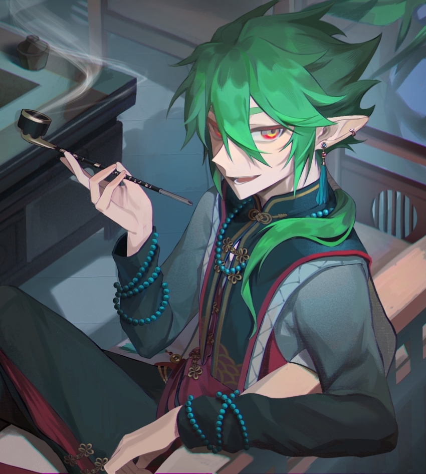 1boy :d alternate_costume aotu_world bead_bracelet beads black_pants black_vest bracelet chair chinese_clothes chinese_commentary crossed_legs ear_piercing earrings fingernails gem green_hair grey_shirt hair_between_eyes hair_over_shoulder hand_up highres holding holding_smoking_pipe indoors jewelry kiseru long_hair long_sleeves looking_at_viewer low_ponytail lower_teeth_only male_focus molang419 multicolored_eyes necklace open_mouth pants piercing plant pointy_ears ponytail potted_plant red_eyes shirt sidelocks sitting slit_pupils smile smoke smoking smoking_pipe solo table tassel tassel_earrings teeth vest xander_(aotu_world) yellow_eyes