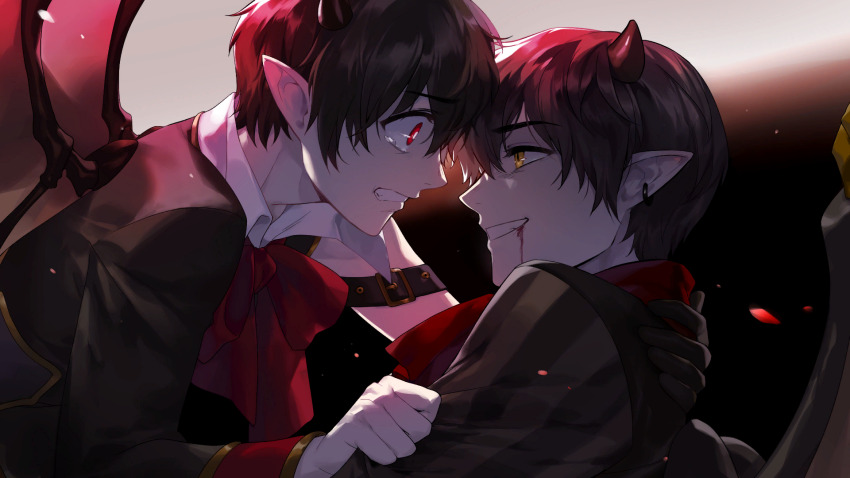 2boys artist_request black_coat blood brothers check_artist clenched_teeth coat cyril_(tevi) demon_boy demon_wings dying ear_piercing ein_lee eye_contact game_cg highres looking_at_another male_focus multiple_boys non-web_source parted_lips piercing pointy_ears red_eyes sable_(tevi) siblings spoilers tearing_up teeth tevi wings yellow_eyes