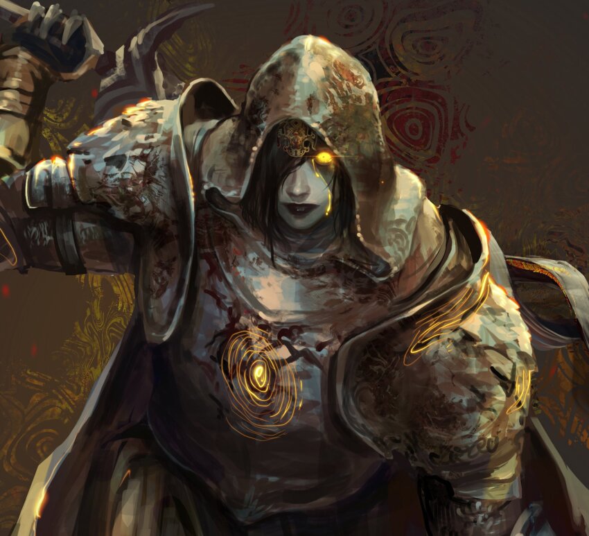 1girl armor black_hair black_lips breastplate cape coiled_sword dovahcaine elden_ring flaming_eyes full_armor glowing glowing_eyes hair_over_face highres holding holding_sword holding_weapon hood knight looking_at_viewer medium_hair pale_skin pauldrons pidge_(dovahcaine) shoulder_armor shoulder_plates solo sword vambraces weapon yellow_eyes yellow_liquid