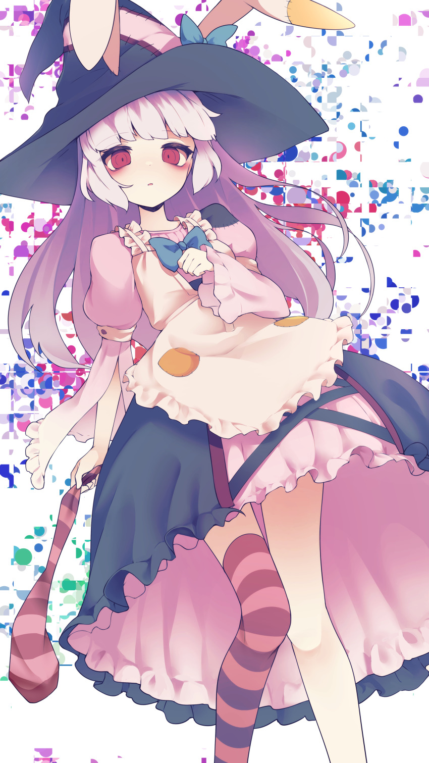 1girl absurdres albino animal_ears apron blue_bow blue_bowtie bow bowtie commentary_request damao_(kiwa777) dress feet_out_of_frame frilled_apron frills hat hat_bow highres holding irisu_kyouko irisu_shoukougun! juliet_sleeves long_hair long_sleeves looking_at_viewer multicolored_background parted_lips patchwork_clothes pink_dress puffy_sleeves rabbit_ears red_eyes single_thighhigh solo striped_clothes striped_thighhighs thighhighs white_hair witch_hat