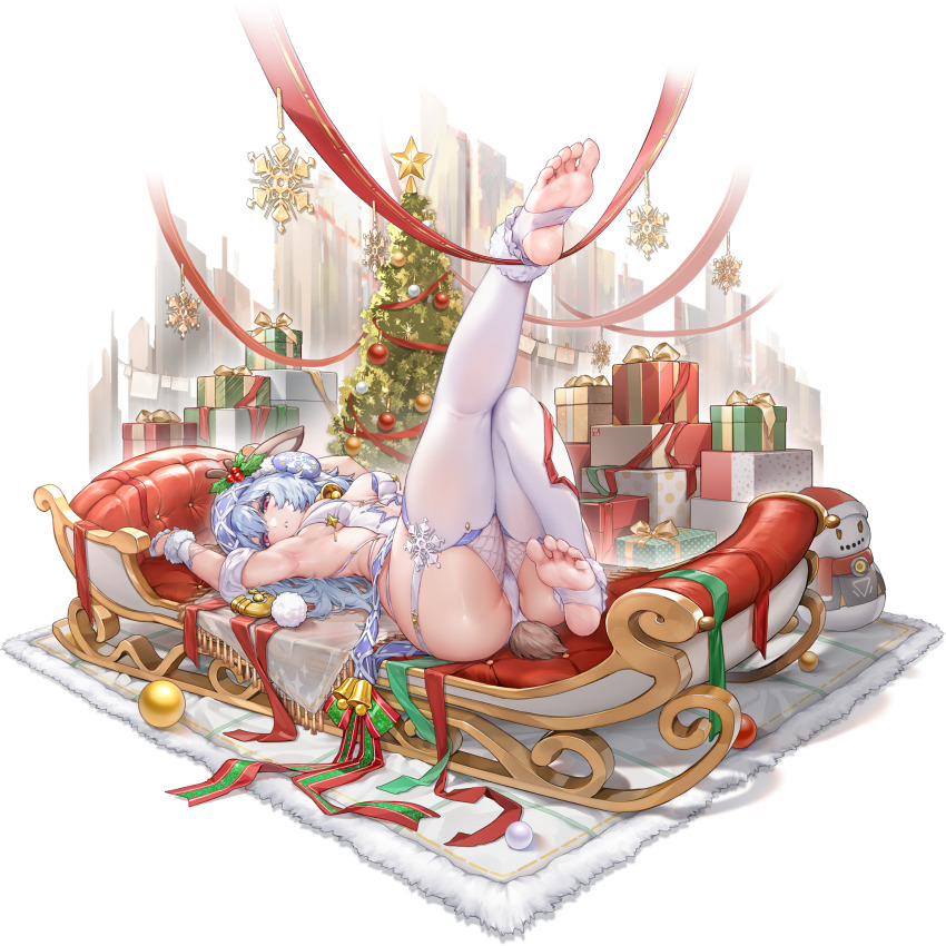 1girl arm_behind_head armpits artist_request bare_arms bare_shoulders barefoot box breasts character_request christmas christmas_lights christmas_ornaments christmas_tree crosscore decorating_christmas_tree feet garter_straps gift gift_box highres looking_at_viewer medium_hair panties purple_hair red_eyes sideboob soles stirrup_legwear thighhighs thighs toeless_legwear underwear white_hair white_panties white_thighhighs