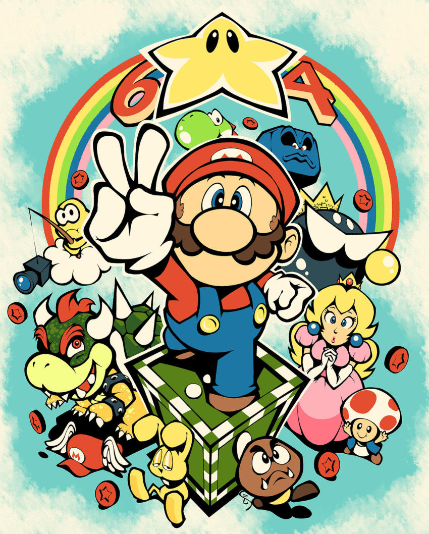!_block 1girl 2boys block_(object) blonde_hair blue_eyes bowser breasts brown_hair camera claws dinosaur dress facial_hair gloves goomba grin hat highres horns king_bob-omb lakitu looking_at_viewer looking_up mario mario_(series) mips multiple_boys mustache nintendo pink_dress princess_peach rabbit rainbow red_eyes red_hair sitting smile spikes super_mario_64 super_star_(mario) thwomp toad_(mario) torkirby v wing_cap wing_mario yoshi