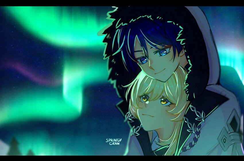 1boy 1girl artist_name aurora blonde_hair blush chin_rest closed_mouth coat couple eyelashes eyeliner eyeshadow fatui_coat fur-trimmed_hood fur_trim genshin_impact hair_between_eyes head_on_head head_rest hetero highres hood hood_up hooded_coat lapels looking_at_another looking_down looking_up lumine_(genshin_impact) makeup night night_sky outdoors purple_eyes purple_hair purple_rope red_eyeliner red_eyeshadow rope scaramouche_(genshin_impact) shared_clothes shared_coat shimenawa short_hair short_hair_with_long_locks sidelocks sky smile springy_chan star_(sky) starry_sky tree white_coat white_hood white_rope yellow_eyes