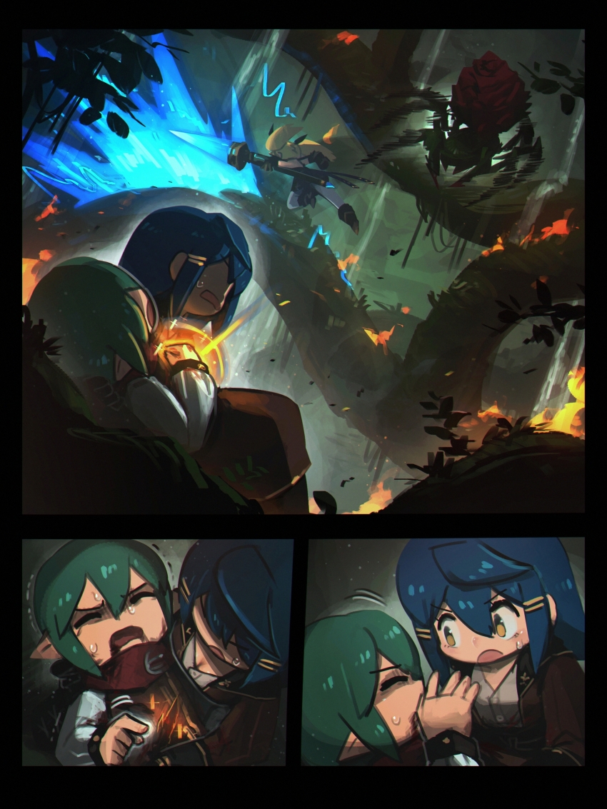 1boy 2girls absurdres battle blood blue_hair bug closed_eyes cressey_(porforever) erynn_(porforever) fire grey_hair highres holding_lance holding_polearm lance lightning magic motion_lines multiple_girls original pointing pointy_ears porforever scarf spider sweatdrop twintails wallace_(porforever) yellow_eyes