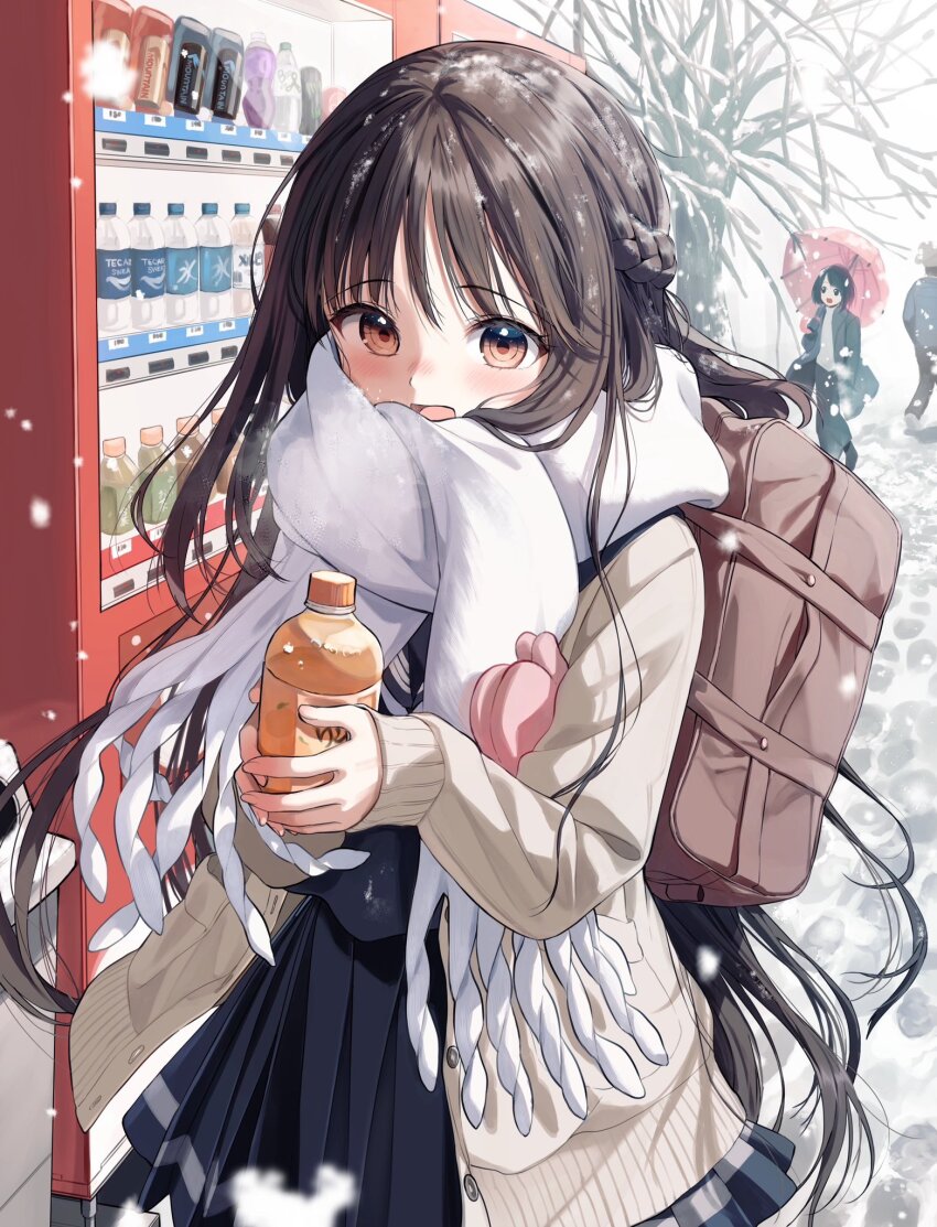 1boy 2girls :d bag bare_tree black_sailor_collar black_serafuku black_shirt black_skirt blush bottle braid brown_cardigan brown_eyes brown_hair cardigan commentary_request day fringe_trim highres holding holding_bottle holding_umbrella juice long_hair long_sleeves looking_at_viewer mittens multiple_girls open_cardigan open_clothes open_mouth original osana_naruka outdoors pentagon_(railgun_ky1206) pink_mittens pink_umbrella pleated_skirt puffy_long_sleeves puffy_sleeves sailor_collar scarf school_bag school_uniform serafuku shirt skirt sleeves_past_wrists smile snow snowing solo_focus trash_can tree umbrella unworn_mittens vending_machine very_long_hair white_scarf white_shirt