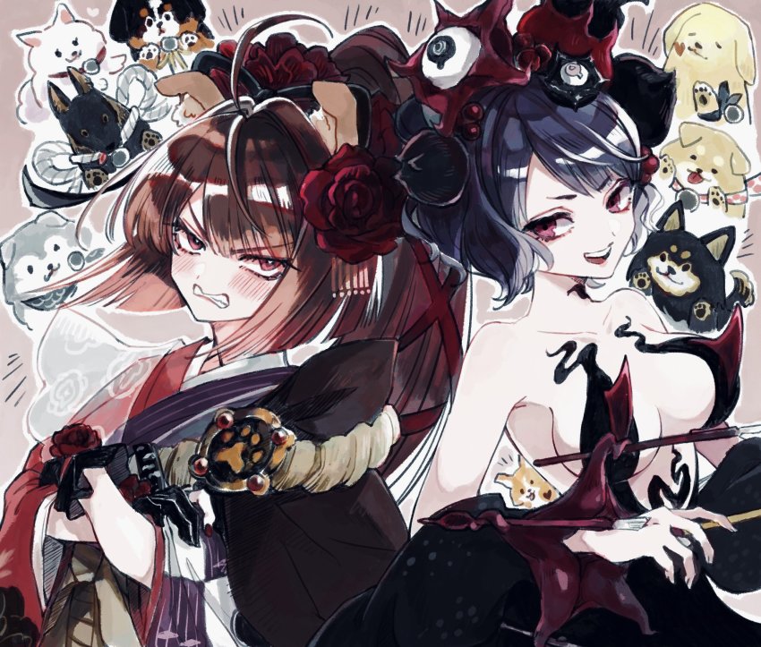 2girls ahoge animal_ears breasts brown_hair clenched_teeth crossed_arms dog dog_ears dress fate/grand_order fate_(series) flower gloves hair_flower hair_ornament highres japanese_clothes katsushika_hokusai_(fate) katsushika_hokusai_(third_ascension)_(fate) kimono kyokutei_bakin_(fate) kyokutei_bakin_(second_ascension)_(fate) long_hair multiple_girls paintbrush partially_fingerless_gloves ponytail purple_eyes purple_hair raikoko19 red_eyes strapless strapless_dress teeth tentacles