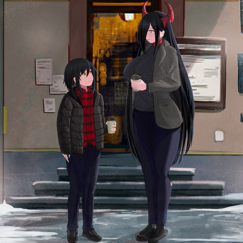 1boy 1girl absurdres alternate_costume azur_lane black_hair black_jacket black_pants black_sweater breasts casual coat commentary commission cup disposable_coffee_cup disposable_cup door english_commentary friedrich_der_grosse_(azur_lane) full_body grey_coat hair_over_one_eye height_difference hetero highres holding holding_cup horns huge_breasts jacket long_hair looking_at_another medium_hair open_clothes open_coat outdoors padded_jacket pants plaid_clothes plaid_shirt red_horns red_shirt saiskh shirt snow sweater very_long_hair yellow_eyes