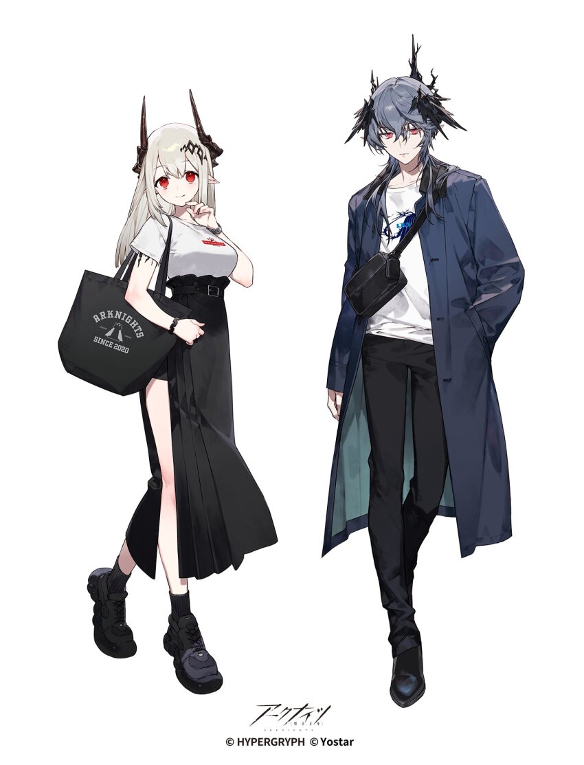 1boy 1girl alternate_costume arknights bag belt black_pants black_shorts black_socks blue_coat blue_hair boots casual coat copyright_name demon_boy demon_girl demon_horns head_wings height_difference highres horns logos_(arknights) long_coat material_growth medium_hair mole mole_under_eye mudrock_(arknights) noco_(adamas) official_art oripathy_lesion_(arknights) pants pointy_ears red_eyes rhodes_island_logo_(arknights) shirt shoes shorts shoulder_bag side_slit sidelocks smile sneakers socks watch white_hair white_shirt wings wristwatch