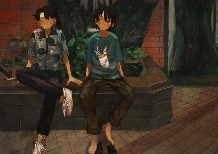 2boys 2ru4shi absurdres aqua_shirt black_eyes black_hair black_pants black_shoes brick brick_floor brick_wall brown_shoes cigarette collared_shirt cup_ramen hair_between_eyes highres male_focus multiple_boys original outdoors pants pants_rolled_up patterned_clothing plant shirt shoes short_hair sitting sitting_on_object slippers sneakers tree