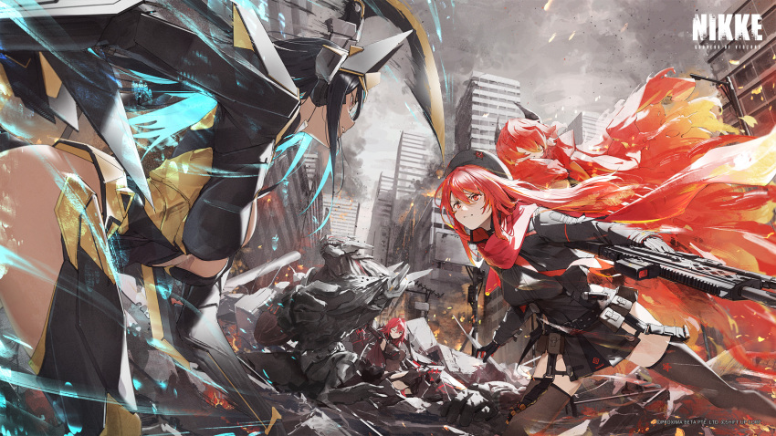 1other 3girls alternate_hair_color ammunition_belt ammunition_pouch armored_bodysuit battle bent_over beret black_gloves black_hair black_hat black_shirt black_skirt black_thighhighs blue_hair breasts chatterbox_(nikke) city closed_mouth colored_inner_hair commentary dark-skinned_female dark_skin determined dual_persona english_commentary feet_out_of_frame fire from_side gloves glowing glowing_eye goddess_of_victory:_nikke grey_sky gun hair_between_eyes hat highres holding holding_gun holding_weapon indivilia_(nikke) light_blue_hair logo long_hair long_sleeves looking_at_another machine_gun medium_breasts military_uniform miniskirt multicolored_hair multiple_girls nihilister_(nikke) official_art outdoors pouch profile rapi_(nikke) rapture_(nikke) red_eyes red_gloves red_hair red_hood_(nikke) red_scarf rubble running scarf second-party_source shirt skirt sky smoke somehira_katsu thighhighs two-sided_gloves two-tone_gloves two-tone_hair v-shaped_eyebrows weapon