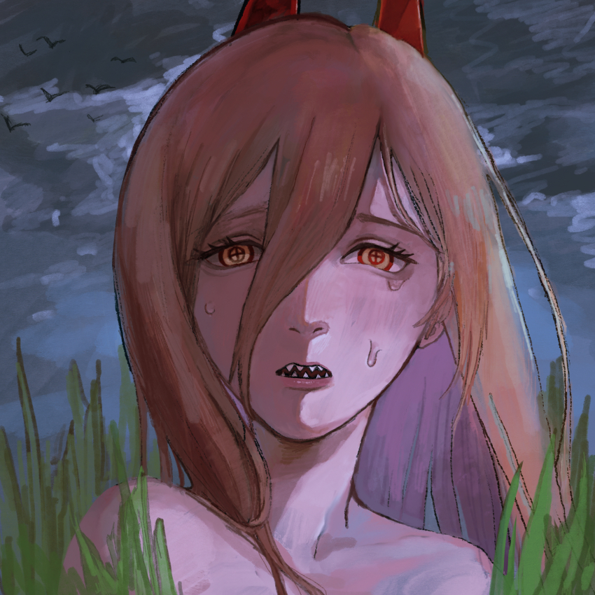 1girl chainsaw_man cross-shaped_pupils crying crying_with_eyes_open hair_between_eyes highres long_hair looking_at_viewer oji_oji_oji_347 outdoors overcast power_(chainsaw_man) red_hair sharp_teeth simple_bird sky solo symbol-shaped_pupils tears teeth yellow_eyes