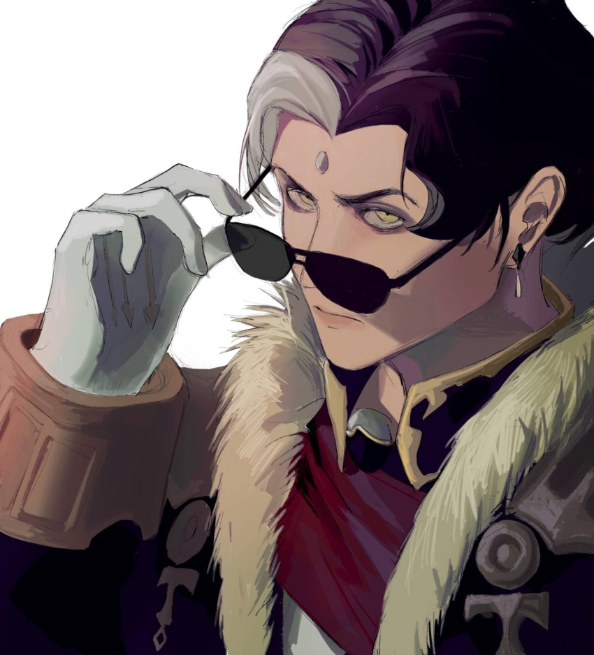 1boy adjusting_eyewear baobing black_hair black_jacket chinese_commentary closed_mouth commentary_request curtained_hair emet-selch final_fantasy final_fantasy_xiv fur-trimmed_jacket fur_trim gloves highres jacket long_sleeves male_focus multicolored_hair open_clothes open_jacket parted_bangs short_hair simple_background solo streaked_hair sunglasses two-tone_hair upper_body white_background white_gloves white_hair yellow_eyes