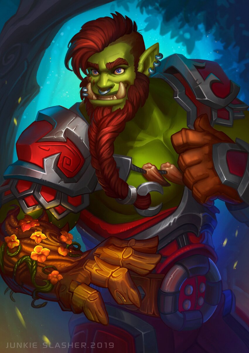 1boy absurdres armor beard braid braided_beard brown_hair colored_skin cowboy_shot face_piercing facial_hair florakinesis full_beard gradient_skin green_skin grin hairy highres junkeslasher large_hands large_pectorals long_beard looking_ahead male_focus mature_male monster_boy muscular muscular_male nipples nose_piercing nose_ring orc original pauldrons pectorals piercing pointy_ears short_hair shoulder_armor smile thick_beard thick_eyebrows thick_thighs thighs tusks undercut zargaron_(rosegorc)