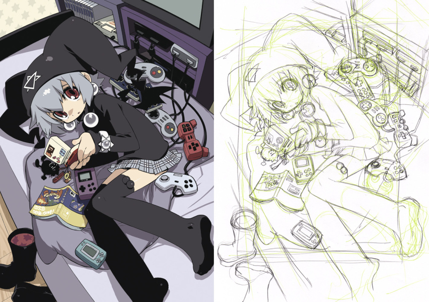 1girl 2000s_(style) akatsuki_gomoku bat_wings black_footwear black_sweater black_thighhighs blanket book bookshelf commentary_request controller demon_tail earrings floor from_above game_boy goth_fashion grey_hair handheld_game_console hat hexagram holding holding_handheld_game_console indoors jester_cap jewelry kuro_unyuu large_earrings lying mayura miniskirt on_bed open_book open_mouth plaid_clothes plaid_skirt red_eyes remote_control shirt shoes short_hair sketch skirt star_of_david sweater tail television thighhighs turtleneck turtleneck_sweater ukagaka unworn_shoes watch wings wire wooden_floor wristwatch zettai_ryouiki