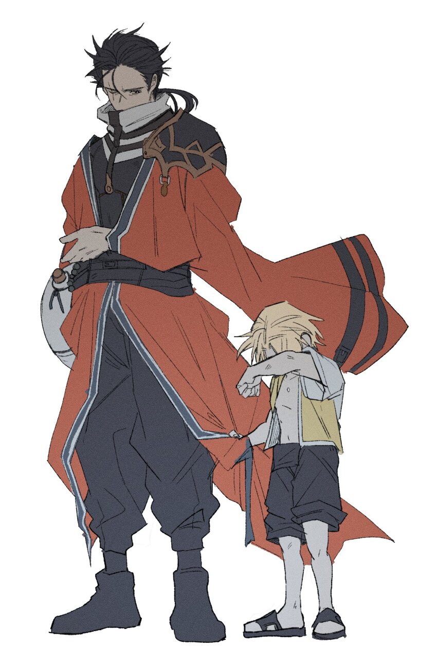 2boys aged_down arm_sling auron black_hair blonde_hair boots clothes_grab clothes_pull commentary covering_own_eyes crying english_commentary final_fantasy final_fantasy_x garbage_paper highres long_hair male_focus multiple_boys open_clothes open_shirt ponytail sandals scar scar_across_eye scar_on_face short_hair shorts tidus