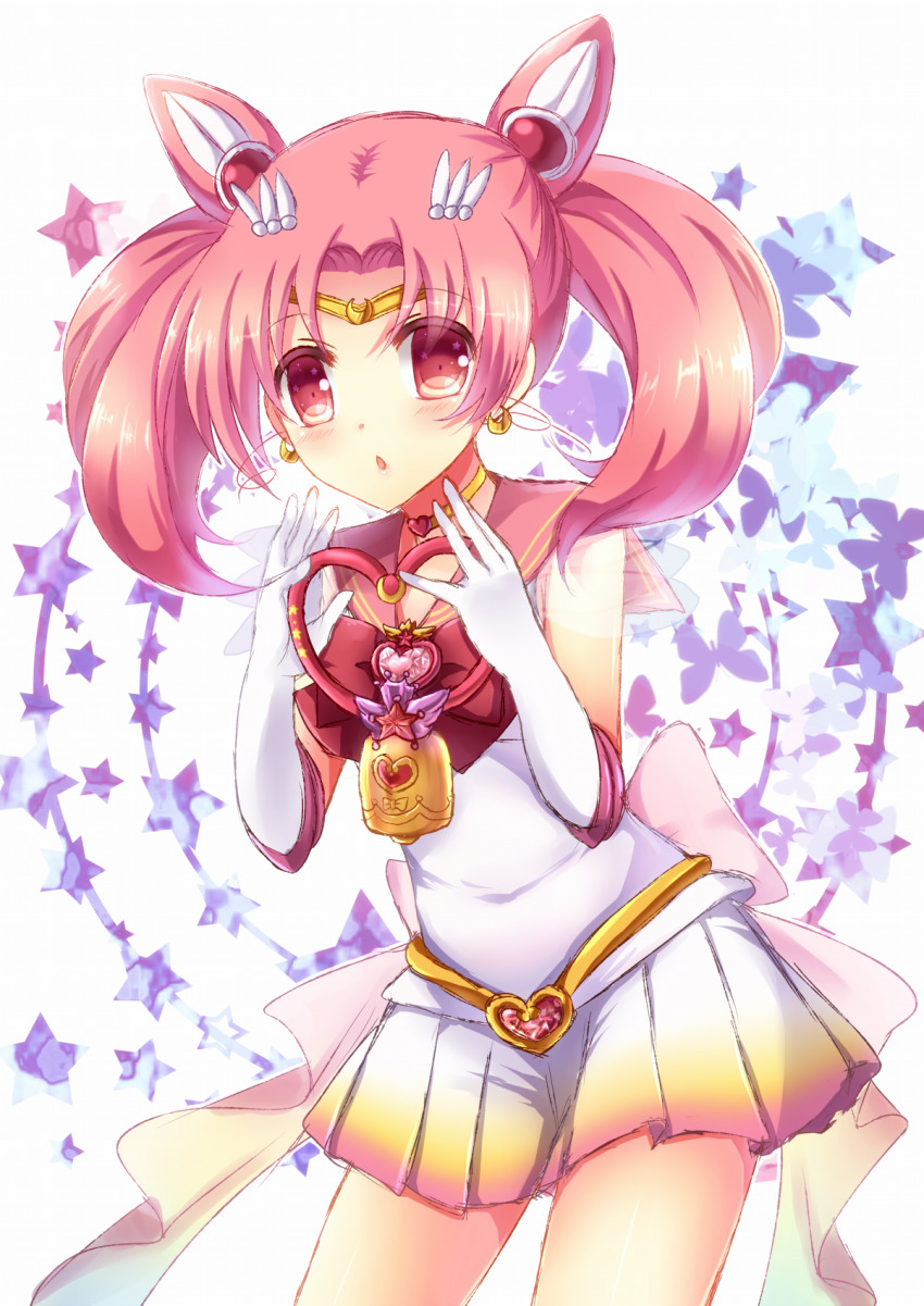 1girl bishoujo_senshi_sailor_moon bishoujo_senshi_sailor_moon_supers blush bow bowtie brooch chestnut_mouth chibi_usa choker circlet collared_shirt cowboy_shot elbow_gloves floating_hair gloves gradient_clothes gradient_skirt hair_intakes heart heart_brooch heart_choker highres jewelry long_hair miniskirt nishijou_myu pink_hair pink_sailor_collar pleated_skirt red_bow red_bowtie red_eyes sailor_chibi_moon sailor_collar sailor_shirt shirt skirt sleeveless sleeveless_shirt solo standing super_sailor_chibi_moon twintails white_background white_gloves white_shirt yellow_choker