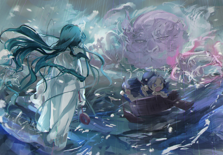 1boy 2girls alternate_hair_length alternate_hairstyle blue_eyes blue_hair boat chamaruk dark_green_hair highres hishaku hood hood_up japanese_clothes kimono kumoi_ichirin long_hair long_sleeves multiple_girls murasa_minamitsu oar open_mouth rain rowboat short_hair touhou unzan water watercraft white_kimono wide_sleeves