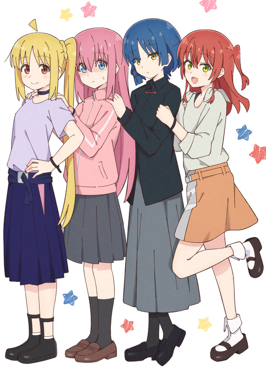 4girls :d absurdres ahoge black_shirt black_shoes black_socks blonde_hair blue_choker blue_eyes blue_hair blue_skirt bocchi_the_rock! brown_shoes choker closed_mouth collared_shirt commentary_request gotoh_hitori green_eyes grey_shirt grey_skirt hair_between_eyes highres ijichi_nijika jacket kessoku_band kita_ikuyo loafers long_hair long_sleeves mary_janes mimori_(mimori_05) multiple_girls one_side_up open_mouth orange_skirt pink_hair pink_jacket pleated_skirt purple_shirt red_eyes red_hair shirt shoes short_hair short_sleeves skirt smile socks star_(symbol) t-shirt track_jacket white_socks yamada_ryo yellow_eyes