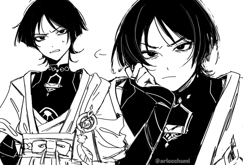 1boy anemo_symbol_(genshin_impact) armor arms_at_sides bags_under_eyes belt blunt_ends bodysuit bow bridal_gauntlets cape closed_mouth feathers frown furrowed_brow gem genshin_impact greyscale hand_on_own_face highres japanese_armor japanese_clothes juban kimono kote looking_at_viewer male_focus mandarin_collar middle_ring monchizu monochrome multiple_views open_clothes open_kimono open_mouth parted_bangs pom_pom_(clothes) puff_of_air rope sash scaramouche_(genshin_impact) short_sleeves shoulder_peek sketch solo sweatdrop tsurime twitter_username upper_body wanderer_(genshin_impact) wispy_bangs