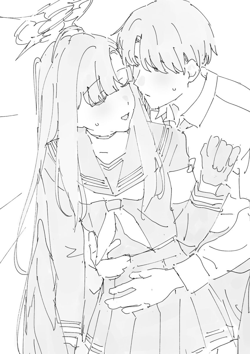 1boy 1girl blue_archive blush choker closed_eyes feathered_wings gloves hand_on_another&#039;s_hip hetero highres hug ichika_(blue_archive) long_hair long_sleeves low_wings mikazuchi_zeus monochrome neckerchief open_mouth pleated_skirt school_uniform serafuku sketch skirt small_sweatdrop wings