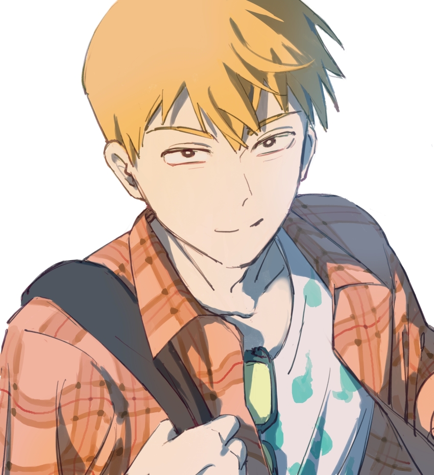 1boy absurdres baobing black_eyes blonde_hair bright_pupils chinese_commentary closed_mouth commentary_request highres male_focus mob_psycho_100 open_clothes open_shirt plaid_clothes plaid_shirt red_shirt reigen_arataka shirt short_hair simple_background smile solo upper_body white_background white_pupils white_shirt