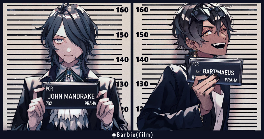2boys barbie_mugshot_(meme) bartimaeus bartimaeus_(character) black_hair blue_eyes card character_name collared_shirt dark-skinned_male dark_skin earrings eyewear_on_head formal_clothes hair_over_one_eye height_chart height_mark highres holding holding_card holding_sign jewelry john_mandrake male_focus meme mugshot multiple_boys nameplate necklace one_eye_closed sharp_teeth shirt short_hair sign smile sunglasses teeth toshiki_(joli)