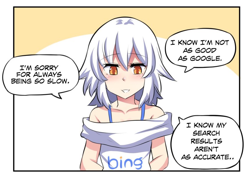 1girl bing blush comic english_text female_focus highres hinghoi open_mouth orange_eyes pov short_hair solo white_hair