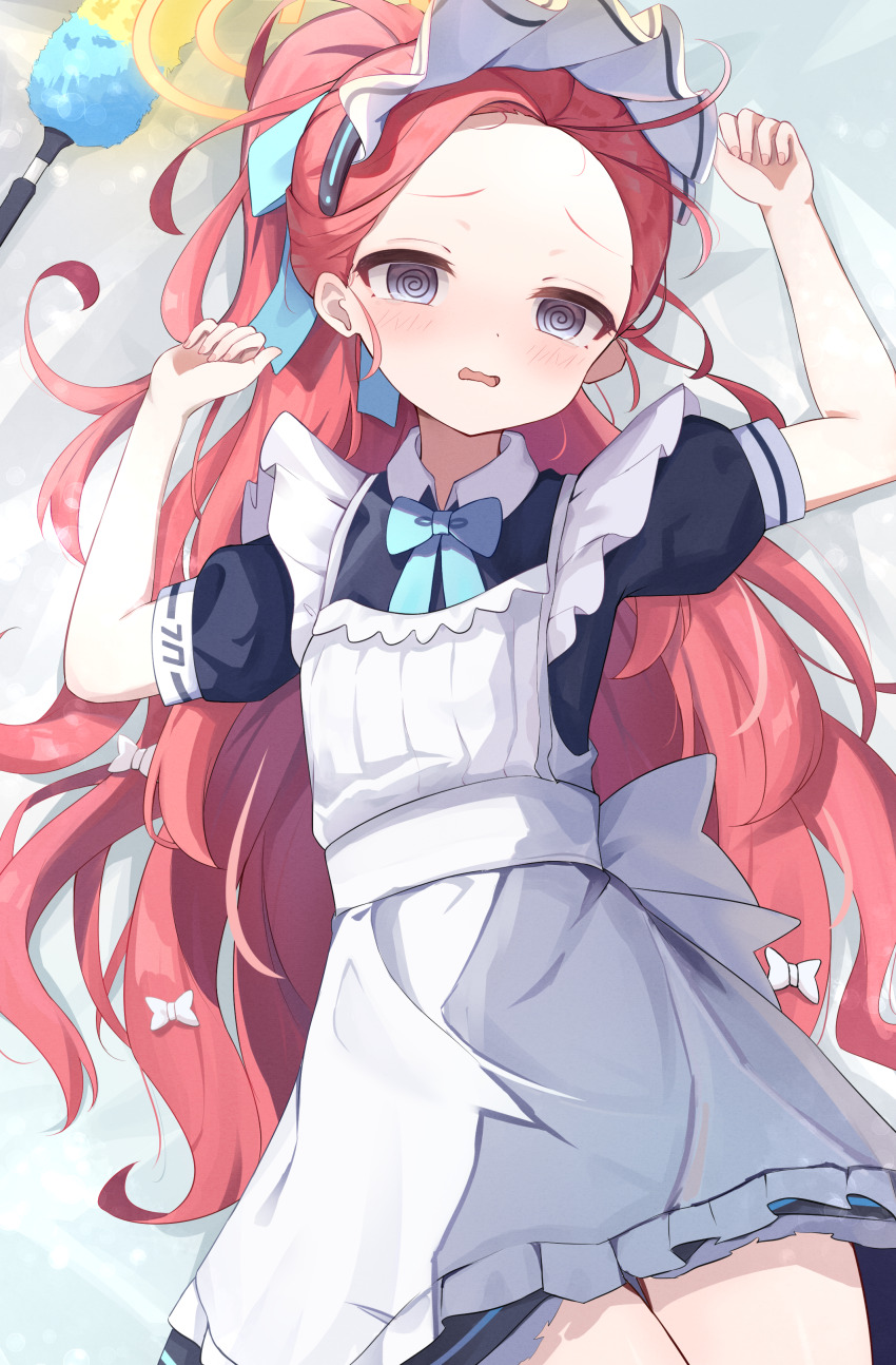 1girl @_@ absurdres apron black_dress blue_archive blue_bow blue_bowtie blush bow bowtie commentary cowboy_shot dress exusiai_dust forehead frilled_apron frills grey_eyes hair_bow hair_spread_out halo hands_up highres long_hair looking_at_viewer lying maid maid_apron maid_headdress official_alternate_costume official_alternate_hairstyle on_back open_mouth orange_halo parted_bangs ponytail puffy_short_sleeves puffy_sleeves red_hair short_sleeves solo tearing_up tears very_long_hair wavy_mouth white_apron white_bow yuzu_(blue_archive) yuzu_(maid)_(blue_archive)