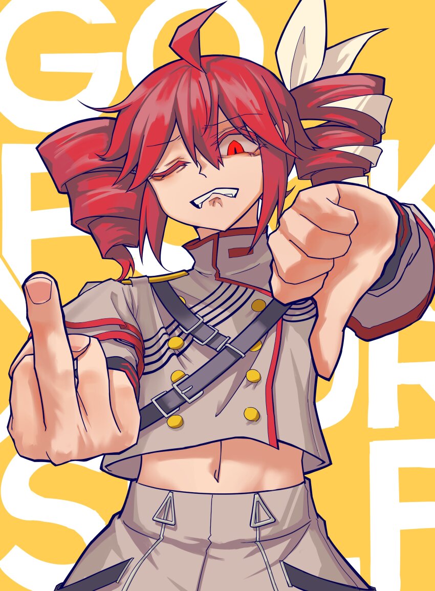 1girl absurdres ahoge belt birthday black_belt black_sleeve_cuffs bow buttons clenched_teeth double-breasted drill_hair fingernails grey_jacket grey_skirt hair_between_eyes hair_bow hair_ribbon highres jacket kasane_teto kasane_teto_(sv) kto_znaet layered_sleeves long_sleeves looking_at_viewer middle_finger midriff_peek navel one_eye_closed outstretched_arm red_eyes red_hair red_trim ribbon shoulder_belt shoulder_boards skirt solo synthesizer_v teeth thumbs_down twin_drills upper_body utau white_bow white_ribbon yellow_background