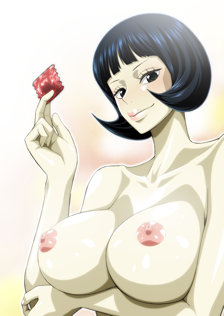 1girl absurdres arm_under_breasts breasts condom highres large_breasts nel-zel_formula nipples nude one_piece shakuyaku_(one_piece) short_hair smile solo tagme upper_body